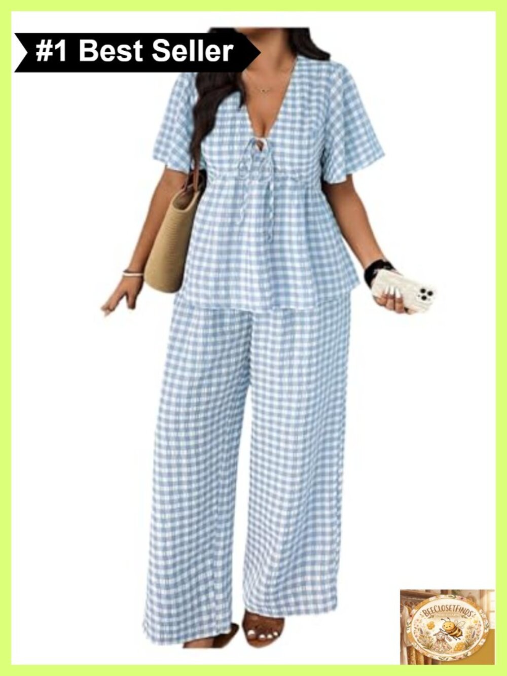 SOLY HUX Womens Plus Size 2 Piece Gingham Pant Set Tie Front V Neck Short Sleeve
